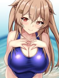 Rule 34 | 1girl, blue one-piece swimsuit, blush, breasts, brown eyes, competition swimsuit, covered navel, hair flaps, hair ornament, hair ribbon, hairclip, hands on own chest, heterochromia, highres, impossible clothes, impossible swimsuit, kantai collection, large breasts, light brown hair, long hair, looking at viewer, montemasa, multicolored clothes, multicolored swimsuit, murasame (kancolle), murasame kai ni (kancolle), ocean, one-piece swimsuit, red eyes, ribbon, smile, solo, swimsuit, two-tone swimsuit, two side up, water