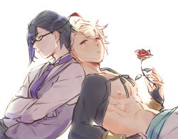 Rule 34 | 2boys, abs, ahoge, aladdin (sinoalice), back-to-back, bad id, bad twitter id, bare pectorals, black hair, blonde hair, closed mouth, crossed arms, flower, fringe trim, glasses, hameln (sinoalice), highres, holding, holding flower, looking at viewer, male focus, multicolored hair, multiple boys, pectorals, purple hair, red flower, red rose, ribbon, rose, short hair, simple background, sinoalice, sketch, skky3, sleeping, two-tone hair, white background