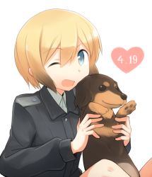 Rule 34 | 1girl, ;d, animal, birthday, blonde hair, blue eyes, bob cut, brown hair, dachshund, dog, erica hartmann, gradient hair, heart, holding, holding animal, kinosaki (green patio), long sleeves, military, military uniform, multicolored hair, one eye closed, open mouth, short hair, simple background, smile, solo, strike witches, uniform, white background, world witches series