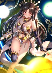 Rule 34 | 1girl, asymmetrical legwear, bare shoulders, between fingers, black bow, black hair, black thighhighs, blush, bow, breasts, bridal gauntlets, brown hair, chain, cleavage, closed mouth, collarbone, commentary request, earrings, fate/grand order, fate (series), gem, glint, green gemstone, groin, hair bow, highres, holding, ishtar (fate), jewelry, long hair, looking at viewer, medium breasts, navel, neck ring, parted bangs, red eyes, red gemstone, single bridal gauntlet, single thighhigh, smile, solo, standing, standing on one leg, stirrup legwear, swordsouls, thighhighs, tiara, toeless legwear, tohsaka rin, two side up, uneven legwear, very long hair