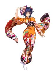 Rule 34 | 1girl, blue hair, cle masahiro, floral print, furisode, holding, japanese clothes, kimono, kouno yuria, long sleeves, no shoes, obi, official art, sash, short hair, solo, tabi, valkyrie drive, valkyrie drive -siren-, wide sleeves, yellow eyes