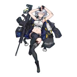 Rule 34 | 1girl, armpits, arms up, bare arms, bare shoulders, belt, black footwear, black gloves, black shorts, black thighhighs, boots, breasts, bruise, bruise on face, button gap, chukavin svch, closed mouth, collared shirt, crop top, fingerless gloves, frown, girls&#039; frontline, gloves, goggles, unworn goggles, green eyes, gun, headphones, headphones around neck, highres, injury, looking at viewer, medium breasts, midriff, multiple straps, nagu, navel, official art, one eye closed, rifle, scope, shirt, short hair, short shorts, shorts, silver hair, sleeveless, sleeveless shirt, sniper rifle, solo, stomach, svch (girls&#039; frontline), thighhighs, thighs, torn clothes, torn shorts, torn thighhighs, transparent background, wavy mouth, weapon, white shirt