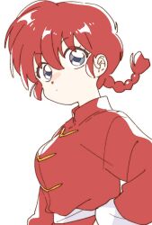 Rule 34 | 1girl, blue eyes, breasts, hair between eyes, high collar, highres, medium breasts, namori, ponytail, ranma-chan, ranma 1/2, red hair, simple background, solo, upper body, white background