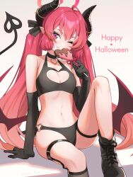 Rule 34 | 1girl, black choker, black footwear, black gloves, black horns, black tail, blue archive, blush, boots, breasts, brown wings, candy, choker, closed mouth, demon horns, demon tail, demon wings, elbow gloves, food, gloves, halloween, halloween costume, happy halloween, heart, highres, holding, holding candy, holding food, horns, junko (blue archive), long hair, one eye closed, pointy ears, red eyes, red hair, small breasts, smile, solo, tail, tanagawa makoto, wings