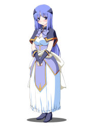Rule 34 | 1girl, ankle boots, black footwear, black gloves, blue eyes, blue hair, blush, boots, bow, bowtie, bracelet, character request, dress, elbow gloves, fingerless gloves, full body, gloves, hair ornament, headdress, jewelry, kirin kakeru, loincloth, long hair, looking at viewer, matching hair/eyes, own hands together, sash, short sleeves, simple background, solo, standing, v arms, white dress