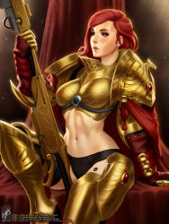 Rule 34 | 1girl, adeptus custodes, armor, armored boots, artist name, bikini armor, boots, breasts, cleavage, closed mouth, gauntlets, gold armor, green eyes, highres, holding, holding polearm, holding weapon, lips, long hair, medium breasts, navel, pauldrons, polearm, power armor, red curtains, red hair, shoulder armor, sitting, solo, space marine, stomach, themaestronoob, warhammer 40k, watermark, weapon, web address