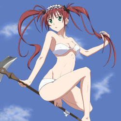 Rule 34 | 1girl, airi (queen&#039;s blade), airi (queen's blade), airi (the infernal temptress), barefoot, bra, breasts, cleavage, cloud, covered erect nipples, day, feet, green eyes, long hair, maid headdress, medium breasts, panties, queen&#039;s blade, red hair, scythe, sky, solo, toes, twintails, underwear, underwear only, yoshida keiji