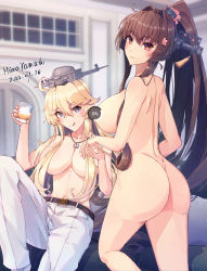 Rule 34 | 2girls, alcohol, alternate costume, ass, blonde hair, blue eyes, breasts, brown hair, censored, censored nipples, cherry blossoms, completely nude, couch, cup, dated, hair intakes, headgear, highres, himeyamato, holding, holding cup, holding hands, iowa (kancolle), jewelry, kantai collection, large breasts, long hair, military, military uniform, multiple girls, naval uniform, navel, necklace, nude, paid reward available, pants, ponytail, reclining, signature, star-shaped pupils, star (symbol), symbol-shaped pupils, tassel, topless, uniform, white pants, yamato (kancolle), yamato kai ni (kancolle)