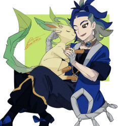 Rule 34 | 1boy, adaman (pokemon), affectionate, blue coat, blue hair, brown eyes, coat, collar, commentary request, creatures (company), eyebrow cut, game freak, gen 4 pokemon, green hair, hand wraps, happy, holding, holding pokemon, leafeon, male focus, nintendo, one eye closed, open clothes, open coat, open mouth, pokemon, pokemon (creature), pokemon legends: arceus, ponytail, sagemaru-br, smile