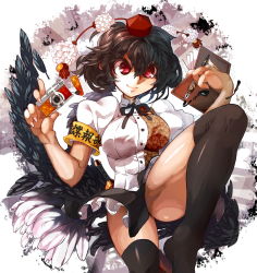 Rule 34 | &gt;:), 1girl, bad hands, bad id, bad pixiv id, bad proportions, black hair, black thighhighs, black wings, bow, bowtie, breasts, camera, feathers, female focus, fingernails, hat, highres, himuro shunsuke, ink, large breasts, leg lift, legs, long fingernails, notebook, pen, red eyes, shameimaru aya, shiny skin, short hair, skindentation, smile, solo, thick thighs, thighhighs, thighs, tokin hat, touhou, v-shaped eyebrows, wings