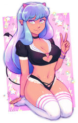 Rule 34 | 1girl, aqua hair, artist name, bracelet, breasts, cleavage, collar, colored skin, cone horns, crop top, demon girl, demon tail, earrings, fang, female focus, full body, green eyes, heart, horns, iahfy, jewelry, lightning bolt symbol, long hair, looking at viewer, lum, medium breasts, monster girl, navel, oni, orange skin, pastel colors, pink background, pointy ears, puffy short sleeves, puffy sleeves, purple eyes, seiza, short sleeves, sitting, smile, solo, sparkle, star (symbol), tail, thighhighs, urusei yatsura, v, white thighhighs