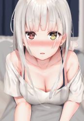 Rule 34 | 1girl, animated, bare shoulders, blouse, blunt bangs, blush, bra visible through clothes, breasts, cleavage, heterochromia, huge filesize, large breasts, lowres, reinama, shirt, solo, tagme, third-party source, white hair, white shirt