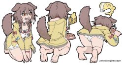Rule 34 | all fours, animal collar, animal ears, ass, barefoot, bone hair ornament, bowl, bracelet, braid, breasts, brown eyes, brown hair, cleavage, collar, commentary, dog ears, dog girl, dog tail, dress, drooling, eating, fang, hair ornament, hashtag-only commentary, highres, hololive, hood, hooded jacket, inugami korone, inugami korone (1st costume), jacket, jewelry, listener (inugami korone), low twin braids, medium breasts, nervous sweating, off shoulder, open mouth, pantsu-ripper, pet bowl, red collar, seiza, severed finger, sitting, smile, sweat, tail, tongue, tongue out, twin braids, virtual youtuber, watermark, web address, white dress, wiping face, yellow jacket