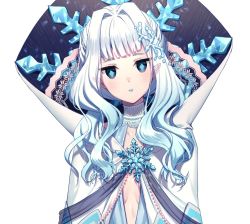 Rule 34 | 1girl, aqua lips, blue eyes, blunt bangs, cape, choker, diamond-shaped pupils, diamond (shape), hair intakes, heart of the woods, high collar, lipstick, long hair, makeup, official art, pointy ears, rosuuri, simple background, snowflake pin, snowflake print, solo, symbol-shaped pupils, the fairy queen (heart of the woods), upper body, white background