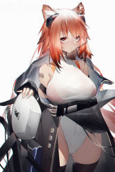 Rule 34 | 1girl, absurdres, animal ear fluff, animal ears, arknights, armor, unworn armor, barcode, barcode tattoo, bare shoulders, black thighhighs, breastplate, breasts, commentary request, covered navel, cowboy shot, gluteal fold, gravel (arknights), grey background, grey eyes, groin, highres, large breasts, leotard, long hair, looking at viewer, pink hair, shoulder tattoo, simple background, solo, standing, tattoo, thighhighs, thighs, very long hair, white leotard, yushe quetzalli