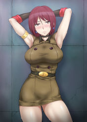 Rule 34 | 1girl, armlet, armpits, arms behind head, arms up, belt, belt buckle, black beat, black gloves, blush, breasts, brown eyes, buckle, choker, contrapposto, earrings, gloves, gluteal fold, heart, heart earrings, jewelry, large breasts, military, military uniform, red hair, short hair, sleeveless, solo, standing, sweat, the king of fighters, thighs, uniform, whip (kof)