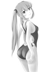 Rule 34 | ass, competition swimsuit, from behind, greyscale, long hair, looking back, monochrome, one-piece swimsuit, original, smile, solo, swimsuit, tk4, twintails