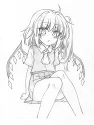 Rule 34 | 1girl, ascot, blush, closed mouth, collared shirt, fang, fang out, feet out of frame, flandre scarlet, graphite (medium), greyscale, highres, looking at viewer, marukyuu ameya, medium hair, monochrome, no headwear, pleated skirt, pointy ears, shirt, short sleeves, sketch, skin fang, skirt, solo, touhou, traditional media, vest, wings