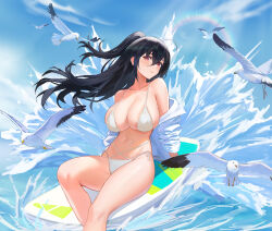 Rule 34 | 1girl, absurdres, ahoge, azur lane, bikini, bird, black hair, blue sky, breasts, closed mouth, cloud, day, floating hair, highres, large breasts, long hair, navel, off shoulder, one side up, outdoors, red eyes, seagull, shaobao (sdhx3728), shirt, sitting, sky, smile, solo, stomach, surfboard, swimsuit, taihou (azur lane), taihou (seaside daydreams) (azur lane), thighs, water, waves, white bikini, white shirt