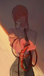 Rule 34 | 1girl, black necktie, black pants, braid, braided ponytail, breasts, chainsaw man, closed mouth, collar, collared shirt, cowboy shot, fingernails, giving, hair over shoulder, hashtag only commentary, head tilt, highres, holding, holding collar, holding leash, incoming gift, leash, long hair, long sleeves, looking at viewer, makima (chainsaw man), medium breasts, necktie, orange hair, outstretched arm, oxi206, pants, red eyes, red hair, ringed eyes, shirt, smile, solo, sunlight, unworn collar, white shirt