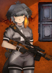 Rule 34 | 10s, 1girl, black gloves, blonde hair, closed mouth, collared shirt, dragunov svd, gloves, green eyes, grey hair, grey pantyhose, grey shirt, grey shorts, gun, head tilt, holding, holding gun, holding weapon, japari symbol, kemono friends, looking at viewer, multicolored hair, pantyhose, persocon93, rifle, shirt, shoebill (kemono friends), shorts, sniper rifle, solo, standing, tail, trigger discipline, two-tone hair, watch, weapon, wing collar, wristwatch