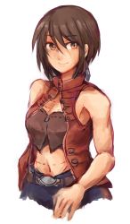 Rule 34 | 1girl, belt, breasts, brown eyes, brown hair, closed mouth, earrings, highres, jewelry, kowloon&#039;s gate, land-k, looking at viewer, navel, short hair, simple background, smile, solo, white background, xiaohei