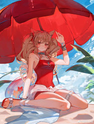 Rule 34 | 1girl, absurdres, angelina (arknights), angelina (summer flower) (arknights), animal ears, arknights, bare shoulders, beach, benyue xiao kui, bridal garter, brown hair, cat ears, chain, chain necklace, chinese commentary, choker, cloud, commentary request, covered navel, curly hair, day, drill hair, hair intakes, hair ribbon, hand up, highres, infection monitor (arknights), innertube, jewelry, leaf, long hair, looking at viewer, necklace, official alternate costume, one-piece swimsuit, outdoors, parasol, red eyes, red one-piece swimsuit, ribbon, ring, sand, sandals, sidelocks, sitting, sky, solo, swim ring, swimsuit, twin drills, twintails, umbrella, wariza, wristband