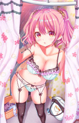 Rule 34 | 1girl, :o, bad id, bad pixiv id, bag, black thighhighs, blue panties, blush, bra, breasts, cellphone, cleavage, collarbone, curtains, floral print, frilled bra, frills, garter belt, handbag, highres, large breasts, laundry basket, looking at viewer, mirror, multicolored bra, multicolored clothes, navel, original, panties, phone, pink eyes, pink hair, scrunchie, skindentation, smartphone, solo, standing, tenzeru, thighhighs, twintails, underwear, underwear only