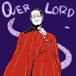 Rule 34 | 1boy, artist request, black hair, demiurge, ear piercing, english text, formal, glasses, gloves, male focus, overlord (maruyama), piercing, pinstripe pattern, pinstripe suit, pointy ears, purple background, short hair, smile, solo, spikes, striped, suit, tail