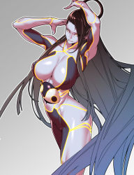 Rule 34 | 1girl, armpits, arms up, ass, black hair, bodypaint, breasts, cleavage, colored skin, covered erect nipples, female seth (street fighter), grey background, grey skin, grin, hair over one eye, hair rings, highres, huge breasts, long hair, looking at viewer, metal skin, neon trim, orb, painted clothes, seth (street fighter), skin tight, smile, solo, street fighter, street fighter v, tomoyuki kotani, very long hair, wide hips, yellow eyes, yin yang, yin yang orb