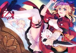 Rule 34 | 2girls, absurdres, apple, apron, aqua eyes, artoria pendragon (fate), artoria pendragon (lancer) (fate), basket, bed, blonde hair, bow, bowtie, braid, bread, breasts, carnelian, clarent (fate), cleavage, cloak, closed mouth, cosplay, dress, evil smile, fate/apocrypha, fate/grand order, fate (series), food, french braid, frills, fruit, hair bow, headgear, highres, holding, holding sword, holding weapon, hood, hood down, hooded cloak, huge filesize, knife, large breasts, leg up, little red riding hood, little red riding hood (grimm), little red riding hood (grimm) (cosplay), looking at viewer, lying, medium breasts, mordred (fate), mordred (fate/apocrypha), multiple girls, on back, open mouth, panties, piloow, pom pom (clothes), red footwear, ribbon, ribbon trim, scan, shoes, short dress, sidelocks, simple background, smile, sword, underwear, waist apron, weapon, white legwear, white panties