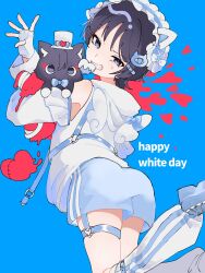 1boy alternate_costume androgynous angel_wings animal animal_ear_hairband animal_ears ass bandaid bandaid_hair_ornament black_hair blood blood_splatter blue_background blue_bow blue_bowtie blue_footwear blue_hairband blue_shorts blunt_ends bow bowtie cat cat_ear_hairband cat_ears cat_hair_ornament chest_harness contemporary cross-laced_footwear crossdressing detached_sleeves eye_hair_ornament eyeliner eyeshadow fake_animal_ears frilled_hairband frilled_sleeves frills from_behind genshin_impact gloves grey_eyes grin hair_ornament hairband hairclip hand_up happy_white_day harness hat heart heart_in_mouth heart_o-ring highres holding holding_animal holding_cat hood hood_down hoodie kingyo_(user_xyuc7787) looking_at_viewer looking_back loose_socks makeup male_focus mini_hat mini_top_hat o-ring o-ring_harness o-ring_strap open_hand purple_cat red_eyeliner red_eyeshadow scaramouche_(cat)_(genshin_impact) scaramouche_(genshin_impact) shoes shorts smile socks solo striped_clothes striped_socks teeth top_hat vertical-striped_clothes vertical-striped_socks white_gloves white_hat white_hood white_hoodie white_sleeves white_socks white_wings wings