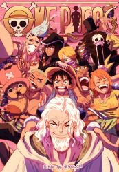 Rule 34 | 2girls, 6+boys, afro, antlers, beard, black hair, blonde hair, blue shirt, blunt bangs, brook (one piece), chain, cloak, commentary, cowboy hat, cross, curly eyebrows, derivative work, earrings, english commentary, eyewear on head, facial hair, franky (one piece), green hair, haramaki, hat, highres, hood, hooded cloak, horns, jewelry, long hair, long nose, looking at viewer, maria (yoru chii), monkey d. luffy, multiple boys, multiple girls, mustache stubble, nami (one piece), nico robin, one eye closed, one piece, open clothes, open shirt, orange hair, orange shirt, pink hat, pompadour, reindeer antlers, roronoa zoro, sanji (one piece), scar, scar across eye, scar on chest, scar on face, shirt, short hair, silvers rayleigh, skeleton, smile, straw hat, stubble, tony tony chopper, top hat, twitter username, usopp, white hair