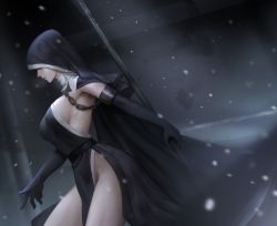 Rule 34 | 1girl, armpits, ashes of ariandel, black gloves, breasts, cloak, closed mouth, covered eyes, dark souls (series), dark souls iii, from side, gloves, habit, highres, holding, holding scythe, large breasts, no panties, nun, pelvic curtain, scythe, sideboob, sister friede, snow, solo, tangerine (dudu), thighs