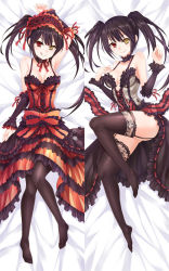 Rule 34 | 10s, 1girl, :q, arm up, armpits, asle, bare shoulders, bed sheet, black hair, black pantyhose, blush, bow, breasts, choker, cleavage, closed mouth, collarbone, corset, cross-laced clothes, dakimakura (medium), date a live, detached sleeves, dress, dress bow, frilled choker, frilled dress, frilled sleeves, frills, full body, garter straps, hairband, hand on own chest, heterochromia, lolita hairband, looking at viewer, lying, multiple views, on back, pantyhose, red dress, red eyes, ribbon-trimmed dress, short hair, short sleeves, sleeveless, sleeveless dress, smile, thighhighs, thighs, tokisaki kurumi, tongue, tongue out, twintails, v-shaped eyebrows, yellow eyes