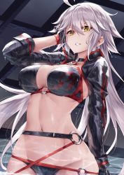 Rule 34 | 1girl, ahoge, bikini, black bikini, black gloves, breasts, choker, cleavage, collarbone, commentary request, detached sleeves, fate/grand order, fate (series), gloves, highres, indoors, jeanne d&#039;arc alter (swimsuit berserker) (fate), jeanne d&#039;arc (fate), jeanne d&#039;arc alter (fate), jeanne d&#039;arc alter (swimsuit berserker) (fate), ks (xephyrks), large breasts, long hair, long sleeves, looking at viewer, navel, o-ring, o-ring bikini, shrug (clothing), silver hair, smile, solo, standing, swimsuit, very long hair, wading, water, wet, yellow eyes