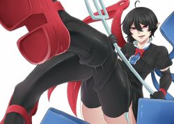 Rule 34 | 1girl, black dress, black hair, bow, breasts, dress, dutch angle, elbow gloves, fangs, gloves, houjuu nue, legs, mary janes, nicutoka, open mouth, platform footwear, pointy ears, polearm, red eyes, shoe soles, shoes, short hair, sitting, small breasts, smile, solo, thighhighs, touhou, trident, weapon, white background