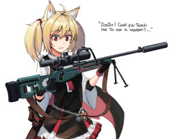 Rule 34 | 1girl, :t, ahoge, animal ear fluff, animal ears, arknights, black bow, black dress, black gloves, black vest, blonde hair, bolt action, bow, collared shirt, commentary request, creator connection, dress, english text, frilled dress, frills, gloves, gun, hair between eyes, highres, holding, holding gun, holding weapon, long sleeves, looking at viewer, ndtwofives, pleated dress, red eyes, rifle, scope, shirt, short hair, sidelocks, simple background, skirt, sleeveless, sleeveless dress, sniper rifle, solo, sora (arknights), striped, striped bow, suppressor, sv-98, sweat, twintails, two-handed, upper body, vest, weapon, white background, white shirt, wide sleeves, wolf ears