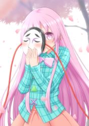 Rule 34 | 1girl, blue shirt, blurry, blush, bow, bowtie, cherry blossoms, commentary request, covering face, cowboy shot, depth of field, hata no kokoro, highres, holding, holding mask, lavender neckwear, long hair, long sleeves, mask, noh mask, petals, pink eyes, pink hair, pink skirt, plaid, plaid shirt, shirt, sidelocks, skirt, solo, standing, teoi (good chaos), touhou, tree, branch, triangle, under tree, very long hair, white background, x