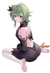 Rule 34 | 1girl, ahoge, back, backless outfit, bandeau, bare back, bare shoulders, black dress, black sleeves, breasts, chinese commentary, closed mouth, collei (genshin impact), commentary request, crossed bangs, detached sleeves, dress, earrings, feet, full body, genshin impact, green hair, hair between eyes, hair ornament, jewelry, looking at viewer, nagata gata, no shoes, pantyhose, purple eyes, see-through, see-through legwear, short hair, simple background, sitting, small breasts, soles, solo, strapless, thighs, toes, tube top, wariza, white background, white pantyhose