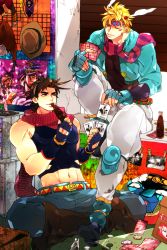 Rule 34 | 2boys, bad id, bad pixiv id, bare shoulders, battle tendency, belt, blonde hair, boots, brown hair, caesar anthonio zeppeli, card, cola, death 13, fedora, fingerless gloves, fourth wall, fur hat, glass table, gloves, hat, headband, highres, jacket, jojo no kimyou na bouken, joseph joestar, joseph joestar (young), killer queen, knee pads, male focus, midriff, multiple boys, muscular, necktie, one eye closed, oreha00701, pants, photo (object), playing card, poker, poster (medium), poster (object), scarf, sleeveless, soda, star platinum, striped clothes, striped scarf, table, ushanka, white pants, wink