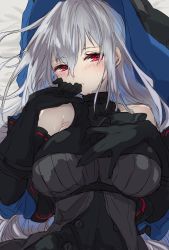 Rule 34 | 1girl, an fyhx, arknights, ascot, bed sheet, black gloves, black hat, black shirt, blue hat, blush, breasts, commentary, detached sleeves, gloves, hair between eyes, half-closed eyes, hand on own chest, hand to own mouth, hat, highres, large breasts, long hair, looking at viewer, lying, on back, red eyes, shirt, silver hair, skadi (arknights), skadi (elite ii) (arknights), solo, sweat, turtleneck, two-sided fabric, two-sided headwear, two-tone headwear, upper body