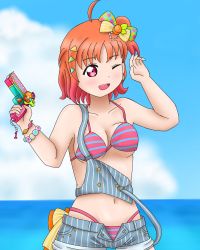 Rule 34 | 1girl, ;), a chika-tastic summer (love live!), alternate hairstyle, antenna hair, artist name, artist request, bare shoulders, bikini, bikini under clothes, blue pants, blue shorts, blue sky, blush, bow, bracelet, braid, breasts, cleavage, clothes writing, cloud, collarbone, day, earrings, female focus, food-themed hair ornament, hair bow, hair ornament, hairclip, halterneck, heart (symbol), highres, holding, holding water gun, jewelry, looking at viewer, love live!, love live! school idol festival, love live! school idol festival all stars, love live! sunshine!!, medium breasts, medium hair, ocean, one eye closed, open fly, orange bow, orange hair, orange hair ornament, outdoors, pants, parted bangs, parted lips, pearl bracelet, pink bikini, polka dot, polka dot bow, ponytail, red eyes, ribbon, see-through, see-through shirt, see-through sleeves, short hair, short sleeves, shorts, side braid, side ponytail, single braid, sky, smile, solo, strap slip, striped bikini, striped bow, striped clothes, striped pants, striped shorts, striped tank top, suspenders, suspenders hanging, swimsuit, takami chika, tank top, triangle hair ornament, two-tone bikini, vertical-striped clothes, vertical-striped shorts, water gun, wink, wrist bow, yellow bow, yellow ribbon