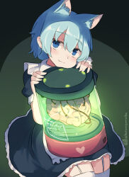 Rule 34 | 1girl, animal ear fluff, animal ears, apron, black dress, blue eyes, blue hair, brain, closed mouth, dress, frilled apron, frills, garter straps, glowing, green background, hair between eyes, hands up, heart, kuromiya, maid, maid apron, misskey.io, murakami-san (misskey.io), one-hour drawing challenge, puffy short sleeves, puffy sleeves, short sleeves, smile, solo, thighhighs, twitter username, white apron, white thighhighs