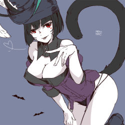 Rule 34 | 1girl, bare shoulders, bat (animal), black hair, black panties, blue background, blue hat, breasts, cat tail, cleavage, colored skin, detached collar, facial mark, final fantasy, final fantasy xiv, fingernails, hand up, hat, heart, heart facial mark, heart of string, large breasts, lili mdoki, miqo&#039;te, off shoulder, panties, red eyes, shady smock, short hair, skindentation, smile, solo, tail, tail raised, underwear, warrior of light (ff14), whisker markings, white skin