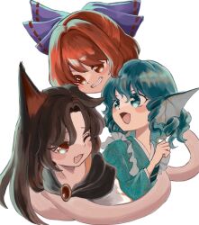 Rule 34 | 3girls, ;d, animal ears, black hair, blue bow, blue eyes, blue hair, bow, brown eyes, commentary request, drill hair, drill sidelocks, fang, fins, grass root youkai network, hair bow, hair intakes, head fins, highres, imaizumi kagerou, long hair, multiple girls, one eye closed, open mouth, red eyes, red hair, sekibanki, short hair, sidelocks, skin fang, smile, touhou, umebitan, wakasagihime, wolf ears, wolf girl