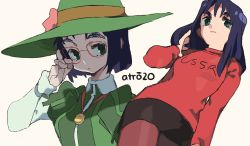 Rule 34 | 1girl, absurdres, black hair, cowboy shot, flcl, glasses, green headwear, highres, jewelry, long hair, long sleeves, multiple views, necklace, ninamori eri, pantyhose, print shirt, red shirt, shadow, shirt, short hair, signature, simple background, upper body, white background, whoopsatro