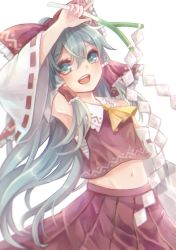 Rule 34 | 1girl, absurdres, aqua hair, arm up, armpits, bow, commentary, cosplay, detached sleeves, frilled bow, frills, hair bow, hair tubes, hakama, hakama short skirt, hakama skirt, hakurei reimu, hakurei reimu (cosplay), hatsune miku, hayayon, highres, japanese clothes, long hair, looking at viewer, midriff, navel, neckerchief, open mouth, pleated skirt, red bow, red shirt, red skirt, sarashi, shide, shirt, sidelocks, skirt, sleeveless, sleeveless shirt, smile, spring onion, touhou, very long hair, vocaloid, white sleeves, yellow neckerchief