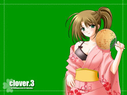 Rule 34 | 1girl, animal print, artist name, black bra, blush, bow, bow bra, bra, breasts, brown hair, bug, cleavage, clover, clover (game cg), copyright name, dragonfly, floral print, green background, green eyes, hand fan, hand on own hip, highres, holding, holding fan, insect, japanese clothes, kimono, large breasts, looking at viewer, nishimata aoi, obi, off shoulder, paper fan, pink kimono, sash, side ponytail, simple background, smile, solo, uchiwa, underwear, wallpaper, yukata