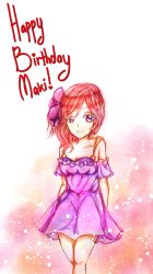 Rule 34 | 1girl, arms behind back, artist name, artist request, bare shoulders, blush, breasts, cleavage, collarbone, dress, female focus, flower, frilled dress, frills, hair between eyes, hair flower, hair ornament, highres, looking at viewer, love live!, love live! school idol project, nishikino maki, parted lips, purple dress, purple eyes, purple flower, purple skirt, red hair, short hair, skirt, smile, solo
